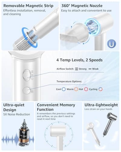 Hair Dryer, 160000 RPM High-Speed Ionic Blow Dryer Portable Professional Lightweight Hair Dryers with 200 Million Negative Ions, Fast-Drying, Quiet Hair Dryer with Nozzle for Home, Salon, Travel（HF03） 8