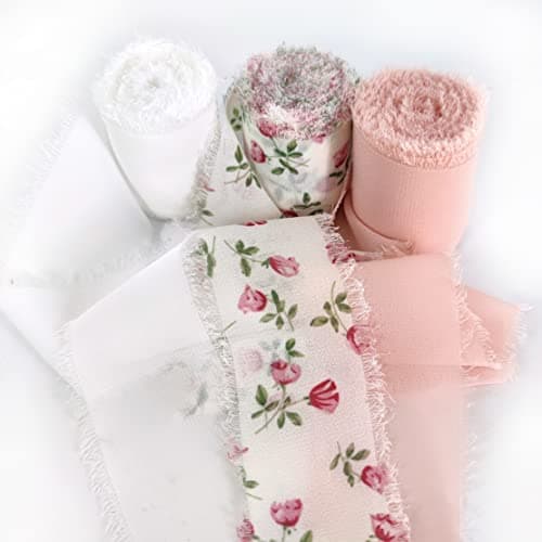 Mybbshower Mybbshower Floral Chiffon Fringe Ribbon 1.5" x 15Yd (3 Rolls *5Yd) for Wedding Invitations, Bridal Bouquets, DIY Tassel Garland Decorations, Gifts Wrapping & Bow Making (Pink White)