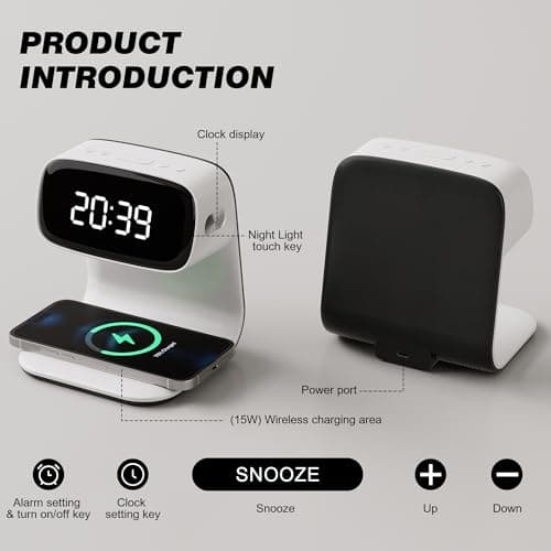 YIDPU Digital Alarm Clock with Wireless Fast Charging Station 15W Touch Smart Lamp for Bedside,3 Colors Nightlight Adjustment Night Lamp for Living Room,Bedside,Heavy Sleepers (White+Cable&Adapter) 5