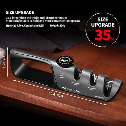 MAD SHARK Knife Sharpener, 6 Adjustable Sharpening Angle, Coarse & Fine Knife Sharpener Tool, Handheld Manual Knives Sharpener for Kitchen Knives, Pocket , Scissors, LARGE, Black 8