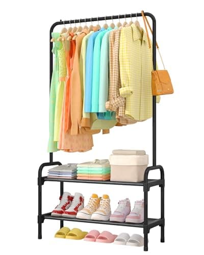 Sakugi Clothes Rack - Clothing Rack with 2-Tier Shoe Rack and Anti-Slip Stopper, Shoe Organizer for Entryway, Bedroom, or Laundry, Black, 29" × 12.2" × 59.3"