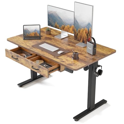 FEZIBO 48 x 24 Inches Standing Desk with Double Wooden Drawers, Adjustable Height Electric Standing Desk, Stand Up Home Office Desk with Splice Tabletop, Black Frame/Rustic Brown Top