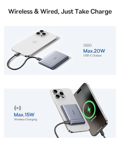 Baseus Picogo Power Bank, Smallest Qi2 Certified 15W MagSafe Portable Charger, 0.5" Ultra Slim 5000mAh Magnetic Battery Pack with Stand, Alloy Wireless Charger for iPhone 17 Pro Max/17 Air/16 Series 6