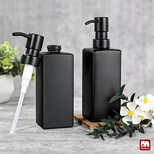 GMISUN Black Soap Dispenser, Hand Soap Dispenser Bathroom, 12oz Glass Soap Dispenser with Stainless Steel Pump, Liquid Dish Soap Dispenser for Kitchen, Modern Bathroom/Kitchen Soap Dispenser Set 7