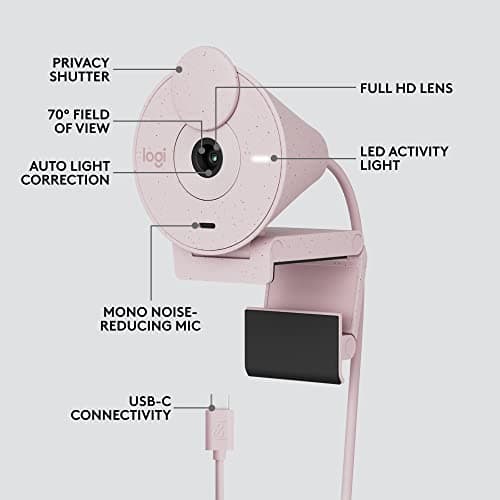 Logitech Brio 300 Full HD Webcam, auto Light Correction, Noise reducing mic, Privacy Shutter, USB-C, Works with Microsoft Teams, Google Meet, Zoom, for Streaming and Video Calling - Rose 6