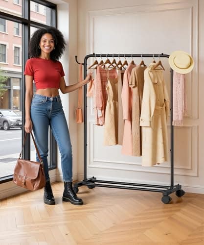 Homde Rolling Clothes Rack with Hooks: Standing Garment Storage for Indoor - Hanging Rod for Bedroom Laundry Room - Coat Dress Organizer on Wheels with luggage shelf (Black, 32") 7