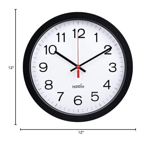 Yoobure 12" Silent Quartz Decorative Wall Clock Non-Ticking Digital Plastic Battery Operated Round Easy to Read Home/Office/School Black Clock 9