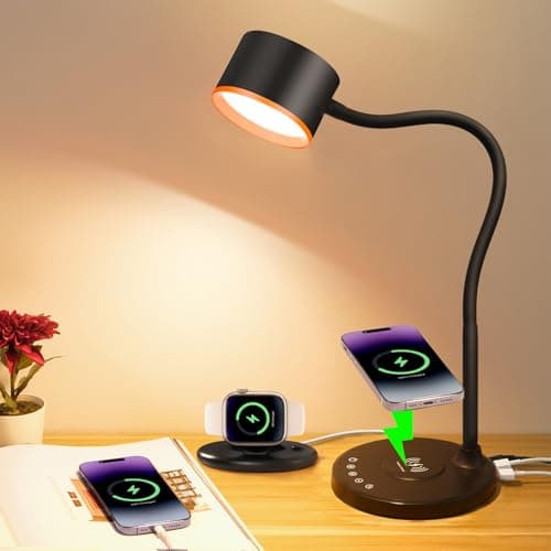LED Desk Lamp with Wireless Charger, USB C + A Charging Ports, Eye-Caring Metal Bedside Lamp, 5 Colors Stepless Dimmable Reading Lamp, Touch Table Lamp Gooseneck Lamp for Home Office Dorm Black