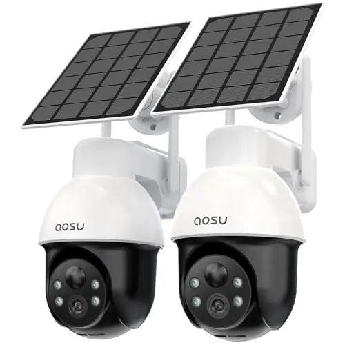 AOSU 3K/5MP Solar Security Cameras System Wireless Outdoor, Battery Powered WiFi Camera for Home Security, Panoramic PTZ, Auto Tracking, Human/Vehicle Detection, Color Night Vision (2 Pack)