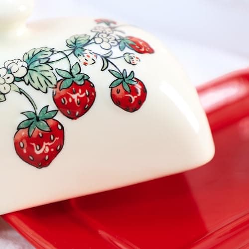 Bicuzat Ceramic Butter Dish with Lid Butter Keeper Butter Plate Tray for Kitchen Countertop Embossed Strawberry Pattern Butter Crock Keeper Saver 8