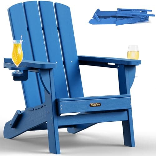 SUUNYN Folding Adirondack Chair, HDPE All-Weather Fire Pit Chairs, Plastic Adirondack Chairs with 2 Cup Holder, Outdoor Lawn Chair for Patio Garden (Royal Blue)