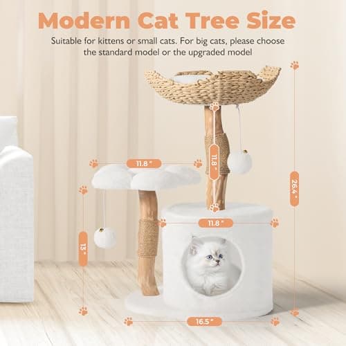 Modern Cat Tree, Wood Cat Tree Tower for Small Cats, Luxury Cat Condo with Scratching Posts and Flower Platforms, Cat Furniture by Easyego, (White) 7