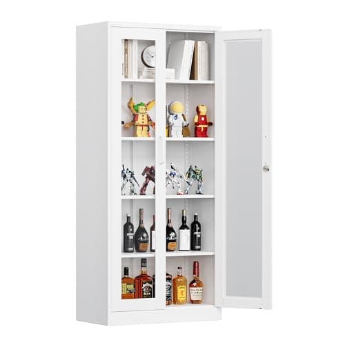 Yizosh Display Cabinet with Glass Doors, 5-Tier Curio Cabinet with 4 Adjustable Shelves, 67" Display Case for Home, Living Room, Assemble Required (White)