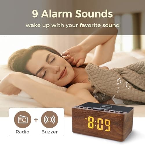 ANJANK Wooden Digital LED Alarm Clock FM Radio, Fast Wireless Charger Station for iPhone/Samsung Galaxy, 5 Level Dimmer, USB Charging Port, 9 Sounds, Sleep Timer for Bedroom, Bedside, Desk 6