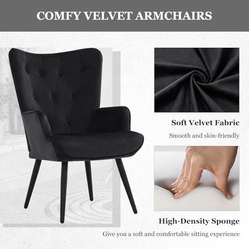 Furnimart Black Velvet Accent Chair Mid Century Modern Living Room Chairs; Comfy Armchair Leisure Vanity Guest Wingback Chair for Office Study Vanity Bedroom Waiting Room 6