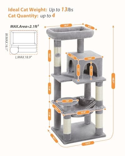 PETEPELA 45.7" Cat Tree for Indoor Cats, 5-Level Cat Tower for Large Cats with Metal Frame Large Hammock (17.3"x15.3"), Cat Condo with (18.5"x13") Big Top Perch & 4 Sisal Covered Scratching Post Grey 5