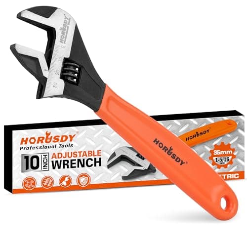 HORUSDY 10" Adjustable Wrench Pipe Spanner: Wide Jaw Black Oxide Wrench With Cushion Grip, Laser Marked Metric & SAE Scales, CR-V Steel, for Professionals