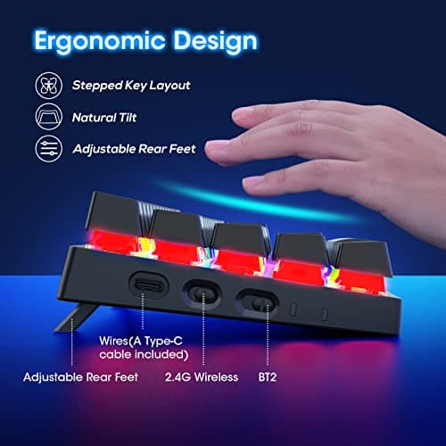 Pauroty 60% Wireless Mechanical Keyboard, Triple Mode 2.4G/USB-C/Bluetooth Gaming Keyboard, RGB Backlit, Clicky Blue Switch, 61 Keys Rechargeable Mini Wireless Keyboard for iPad Mac PC Xbox 7