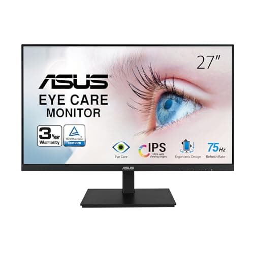 ASUS VA27DQSB 27” Monitor, 1080P Full HD, 75Hz, IPS, Adaptive-Sync, Eye Care, HDMI DisplayPort VGA USB Hub, Frameless, Ergonomic Design, VESA Wall Mountable,Black