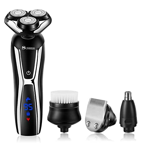 SURKER Electric Shaver Razor Cordless Beard Trimmer for Men Nose Hair Trimmer 3 in 1 Grooming Kit Plus 1 Facial Cleansing Brush Waterproof USB Rechargeable Dry Wet 8