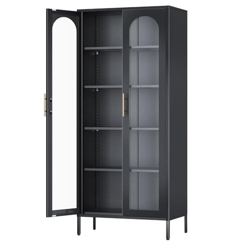 OSEILLC 71" Glass Display Cabinet, Metal Storage with Glass Doors, Curio Cabinet with 4 Adjustable Shelves, 5 Tier Bookshelf & Bookcase with Doors, Black Display Case