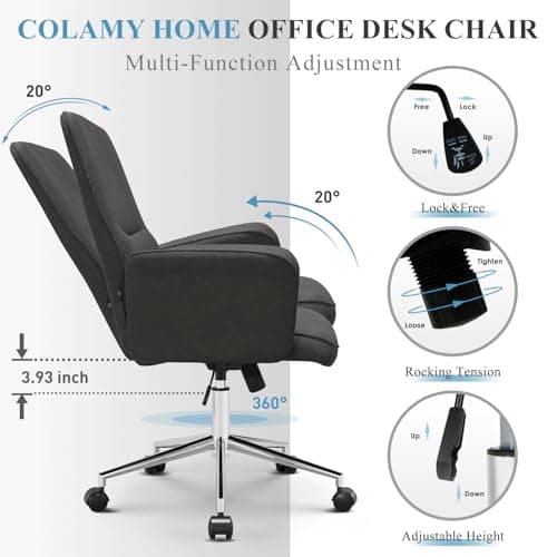 COLAMY Comfy Office Desk, Upholstered Fabric Computer Desk, Criss Cross with Wheels and Armrests, Swivel Adjustable Vanity for Home, Makeup, Office, Bedroom, Darkgrey 6