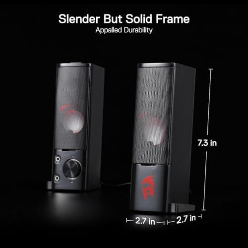 Redragon GS550 PC Gaming Speakers, 2.0 Channel Desktop Computer Sound Bar with Compact Maneuverable Size, Headphone Jack, Quality Bass & Decent Red Backlit, USB Powered w/ 3.5mm Cable 6