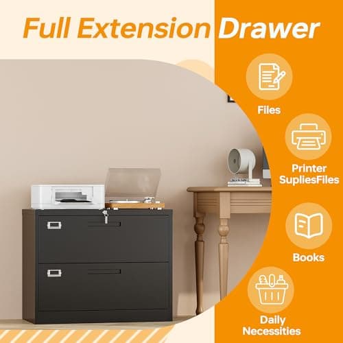Lateral File Cabinet with Lock 2 Drawer Metal Filing Cabinet, Lateral Filing Cabinet with Lock for Home Office, Locking Metal Steel Wide File for Legal/Letter A4 Size Black 9
