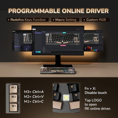 RK ROYAL KLUDGE A70 Wireless Ergonomic Keyboard, Alice Split Mechanical Keyboard w/Bluetooth/2.4GHz/Wired, 65% RGB Gaming Keyboards with Knob and PBT Keycap, Gasket Hot Swappable Linear Cream Switches 9