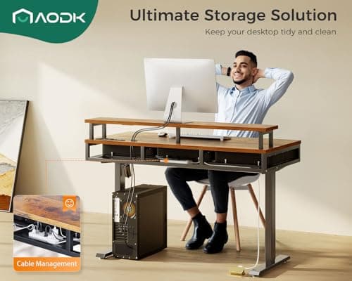 AODK Electric Standing Desk with Drawers, 47 Inch Height Adjustable Small Gaming Desk with Power Outlets & LED Lights, Sit Stand Table with Monitor Stand for Home, Office, Workstation, Rustic Brown 8