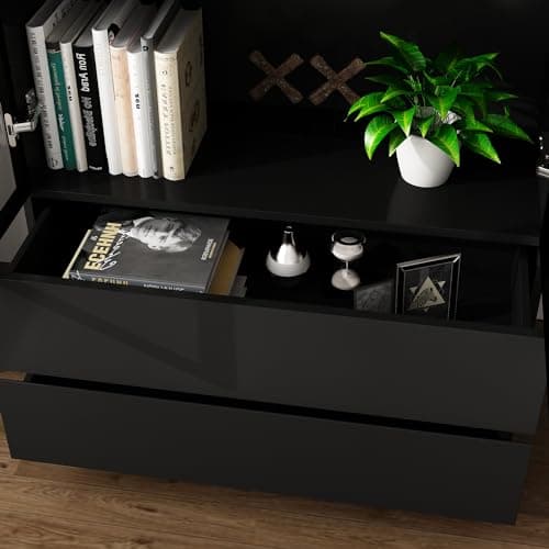 FUNISIR Curio Display Cabinet with Light, Storage Shelves with Pop-up Glass Doors, 2 Drawers & 3 Color Light, Collectibles Cabinet Display Shelf, Bookshelf Showcase for Living Room, Black w/Drawer 8