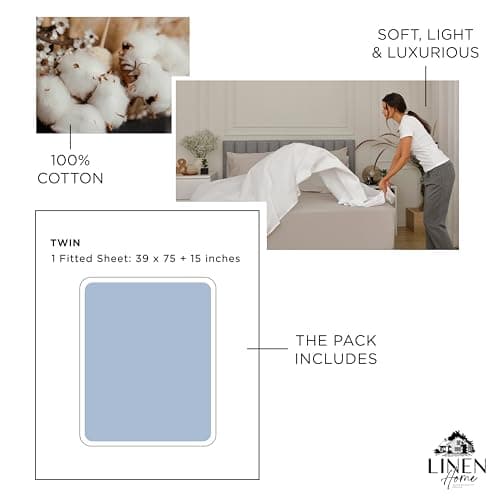 Linen Home 100% Cotton Percale Weave Fitted Sheet, Twin Size, Baby Blue, 1 Deep Pocket Fitted Sheet, Fits Mattress Upto 16" Crisp and Cool Strong Bed Linen, 39"X75"+15" 6