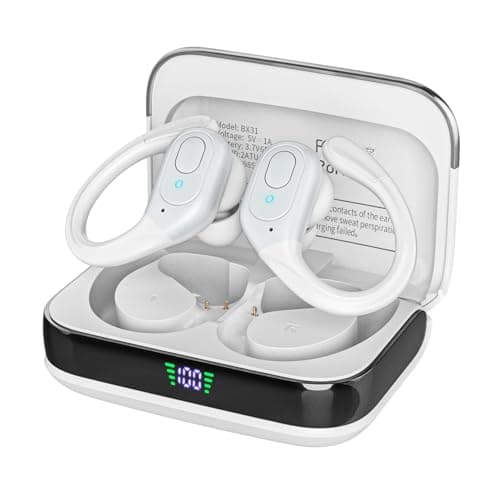 sajawass Bluetooth Headphones Wireless Earbuds with 75Hrs Playback, LED Display Charging Case, IPX7 Waterproof, Over-Ear Design Ear Buds for Sports/Running/Workout - White