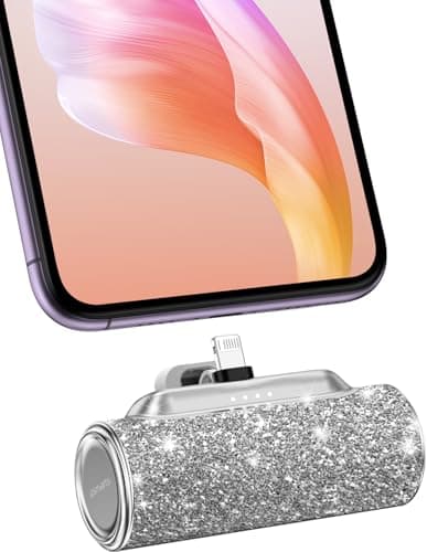 4smarts Mini Portable Charger for iPhone, 4500mAh Power Bank with Built-in Lightning Connector, Bling Glitter Battery Pack for iPhone 14/13/12/11/XR/8/SE Series, Compact Travel Charger – Shiny Silver