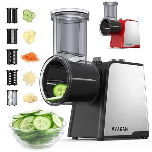 VVAKAM Electric Cheese Grater,300W DC Motor Salad Maker,Electric Slicer Shredder with 5 Different Shapes of Blades,Electric Vegetable Cutter for Potato,Carrot,Black