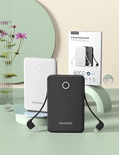 6000mah Ultra Slim Built in Cables Power Bank, Card Size Built in USB C Cords Battery Pack Portable Charger for Phones, 3 Output External Battery Pack Compatible with iPhone, 2-Pack Black & White 5