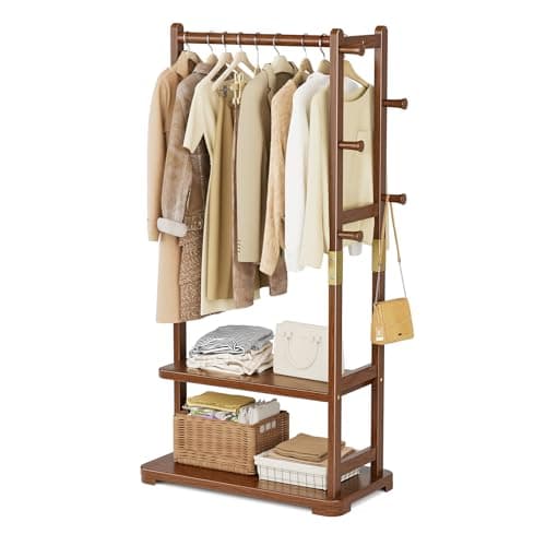 Taitiy Coat Rack Solid Wood Clothes Rack with 2 Shelves & 4 Hooks for Hanging Clothes Garment Wallets Hats, Clothing Rack Heavy Duty Coat Rack Freestanding with Storage Hall Tree for Hallway Bedroom