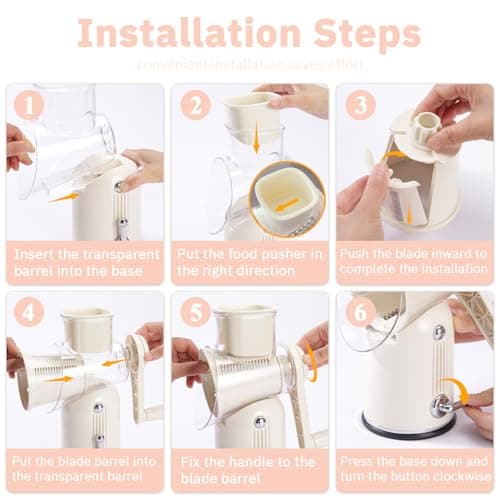 ENERGEVITY Manual Rotary Cheese Grater with Handle, 5 in 1 Replaceable Stainless Blades Cheese Shredder,Strong Suction Base Vegetable Slicer with Cleaning Brush & Bonus Storage Box for Blades (white) 7