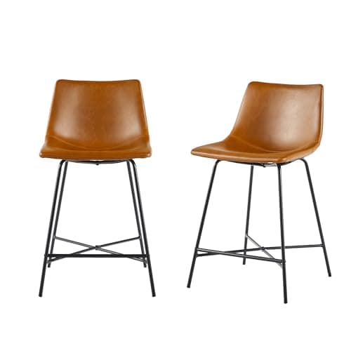 Walker Edison Xuma Modern Faux Leather Armless Low Back Counter Stool, Set of 2, Whiskey Brown 7