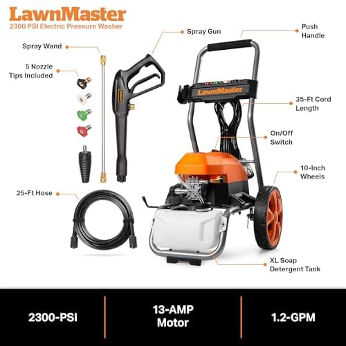 LawnMaster LT2100B Electric Pressure Washer 2300 PSI MAX 13 Amp 1.2 GPM CSA Certified with 5 Nozzles Powerful Storage Organization 7