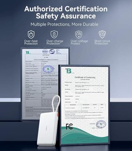 TORRAS Power Bank with Built-in USB-C Cable (No-Wireless), Ultra-Slim 10,000mAh Portable Charger USB C, 22.5W Fast Charging Battery Pack for iPhone 17/16/15 Series, Phone air, Galaxy, Pixel, White 9