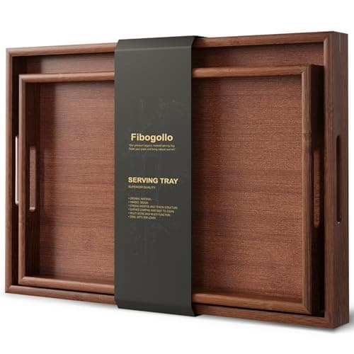 Fibogollo Bamboo Set of 2 Serving Tray with Handles,Decorative Trays Platter,Breakfast Tray in Bed,Food Drinks Tray for Eating,Working,Storing(Brown)