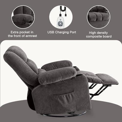 BOSMILLER Massage Swivel Rocker Recliner Chair with Vibration Massage and Heat Ergonomic Lounge Chair for Living Room with Rocking Function and Side Pocket, 2 Cup Holders, USB Charge Port 6