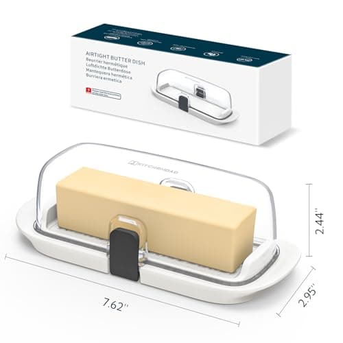 KITCHENDAO One-handed Airtight Butter Dish with Lid for Countertop and Refrigerator Door Shelf, Butter Holder with One Press to Open/Close Secure Latching Buckle for West/East Coast Butter (White) 9