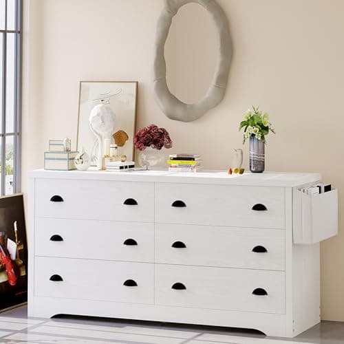 LIKIMIO Dresser for Bedroom 6 Drawer with Charging Station, TV Stand Storage Chest of Drawers for Living Room Hallway Entryway, MDF Board, 47.2 Inches White