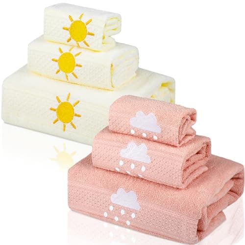 VitalCozy 6 Pcs Kids Girls Bath Towels Set 100% Cotton Cute Sun Cloud Bathroom Absorbent Soft Embroidered Decorative Baby Toddler Shower Towels for Kids Unisex Toddler Women(3 Sizes,Pink, Yellow)