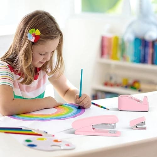 Office Desk Accessories, Pink Office Supplies Set Desk Accessories for Women, Cute Office Supplies with Stapler, Mini Stapler, Staple Remover, Tape, Clips, Scissor and Tabs, Stationary Set for Student 8
