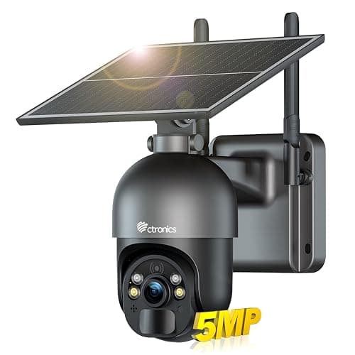 Ctronics 3K 5MP Solar Security Camera Outdoor Wireless, 6W Solar Panel, Sound-Light Alarm, PC/App, Auto Tracking, Color Night Vision, PIR Human Detection, 128 TF/Cloud/FTP, IP66