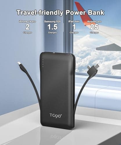 TG90° Portable Charger with Cords Only 10000mAh Power Bank with Built in Cables(No Plug) Battery Backup Cell Phone External Battery Pack Compatible with iPhone 17 16 15 14 13 12 Samsung Google iPad 5