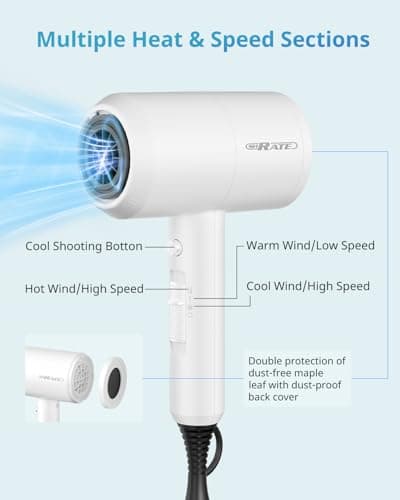 SHRATE Lightweight Ionic Hair Dryer with Diffuser - Powerful 1800W Blow Dryer for Fast Drying - Professional Low Noise Mini Hair Dryer for Travel, Gifts, Hair Styling 7